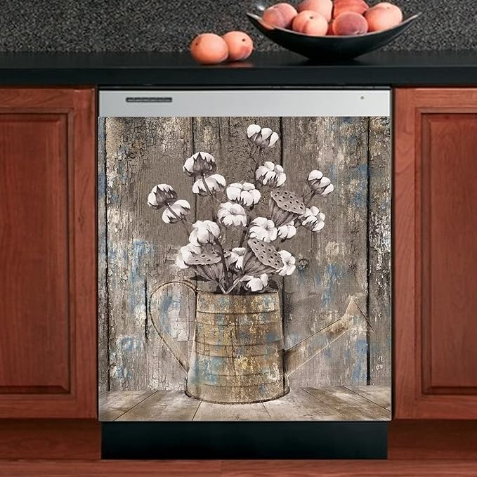 Vintage Wood Dishwasher Cover Kitchen Decorative,Rustic Wooden Dishwasher Magnet Cover Decor Cotton Flower Sticker,Retro Farm Floral Dishwasher Decal Home Appliance Panel Stickers 23"x26"