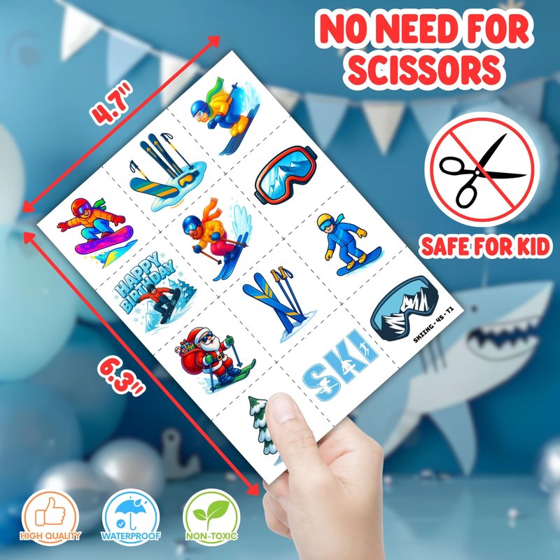72PCS Skiing Party Set - 48PCS Temporary Tattoos & 24PCS Slap Bracelets - Fun Winter Sports-Themed Birthday Supplies, Baby Shower Gifts, Classroom Rewards & Party Decor for Kids (Boys & Girls)