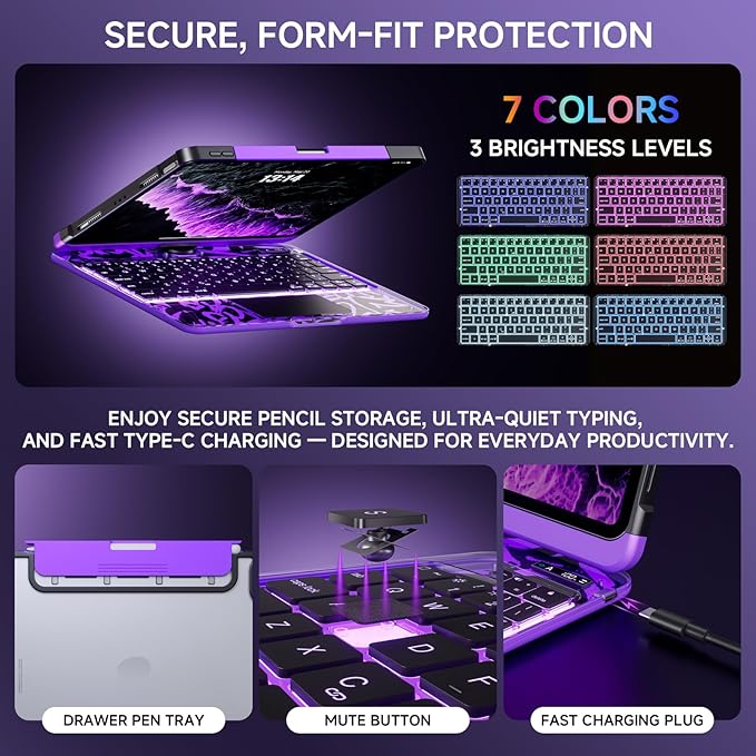Tiaota Transparent Case with Keyboard for iPad Pro 11-inch (M5/M4, 2025/2024),with 7-Color Backlit Wireless Keyboard, 360°Rotatable Protective Case Multi-Touch Trackpad,with Shortcuts,Purple