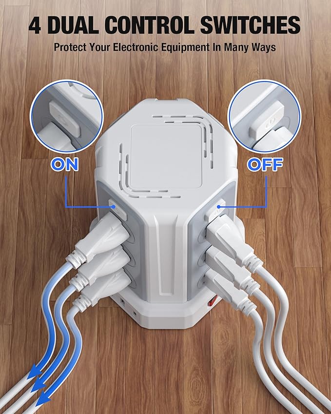 Power Strip Surge Protector, 10 Ft Extension Cord with 12 AC Multiple Outlets 4 USB (1 USB C), SMALLRT Power Tower Desktop Charging Station