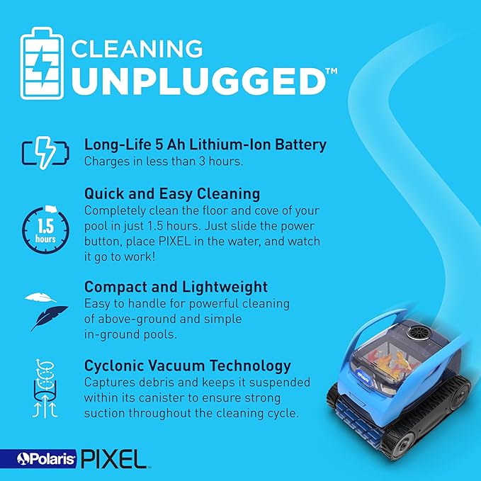 Polaris Pixel Compact Cordless Robotic Pool Cleaner for Above-Ground & In-Ground Pools up to 30ft, Long Lasting Battery, Compact & Lighweight w/Cyclonic Vacuum Technology