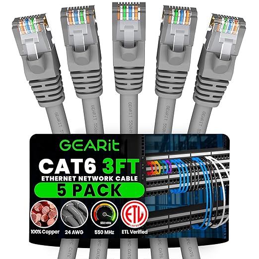 GEARit Cat 6 Patch Cables 3 ft Gray (5 Pack) Cat6 Patch Cables 3ft Gray/Ethernet Patch Cable, 10Gbps 550MHz 24AWG Pure Copper, Snagless, Gold Plated RJ45 for Router, Server, Router, PC