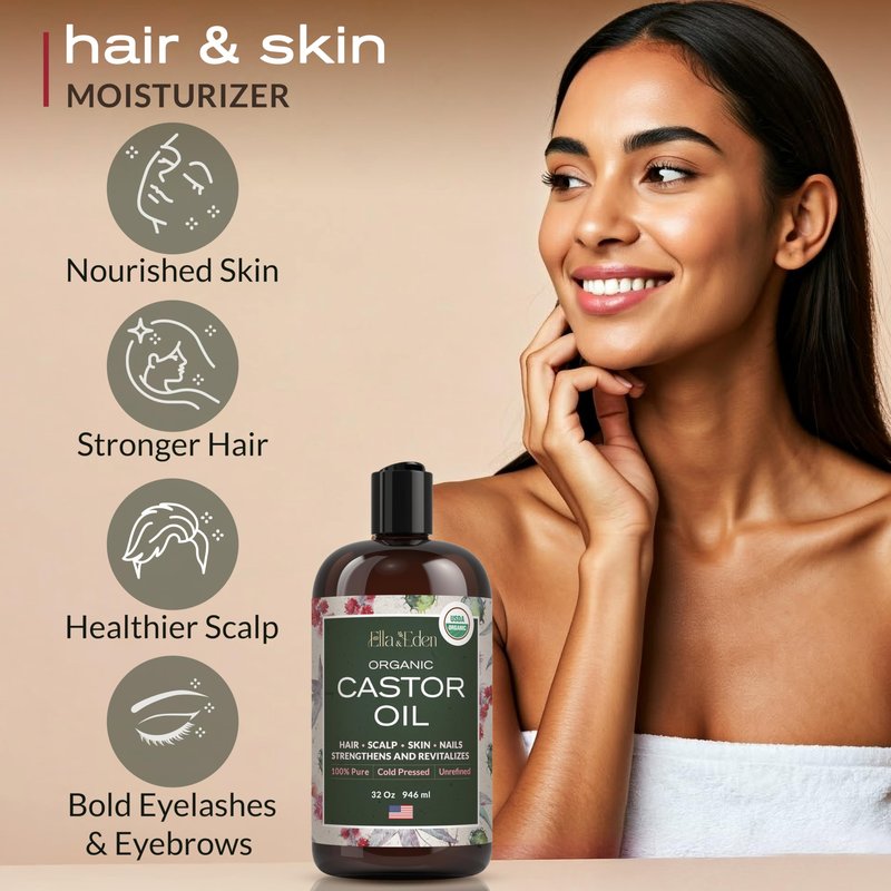 Ella & Eden Organic Castor Oil – Cold-Pressed Hexane-Free Unrefined - For Hair Growth, Skin and Face - USDA Certified & 100% Pure - 32 fl oz