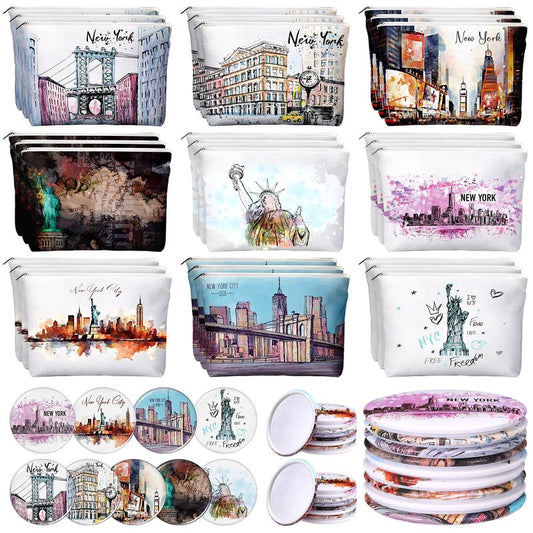 Bulyoou 18 Set New York Souvenirs Gifts Bulk City Cosmetic Bag Nyc Makeup Mirrors Souvenirs from USA Women New York Makeup Bag Birthday Party Favors Trip Journey Gifts for Friend Sisters