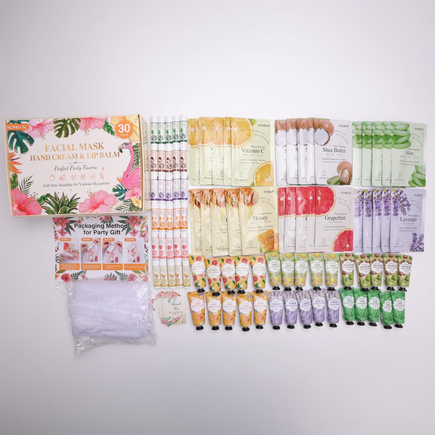 KONEUK 30 Pack Bulk Facial Mask, Bulk Hand Cream and Bulk Lip Balm Sets, Thank You Gifts, Teacher Appreciation Gifts, Wedding Favors and Bridal Shower Favors, Birthday Gifts for Guests