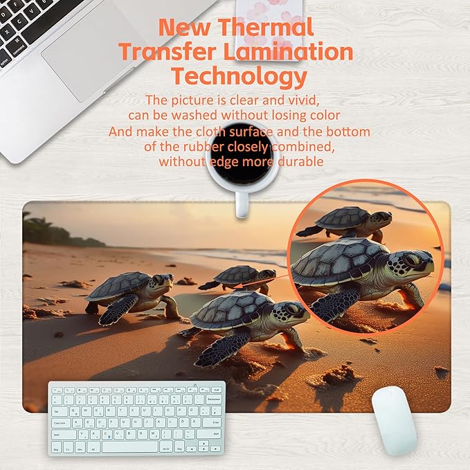 KOAIWPAE Large Gaming Mouse Pad for Desk, Baby Turtles On Beach Desk Mat, Cute Sea Turtle Desk Pad, 31.5"x15.7" Extended Big Computer Keyboard Mouse Pad with Non-Slip Base and Stitched Edge