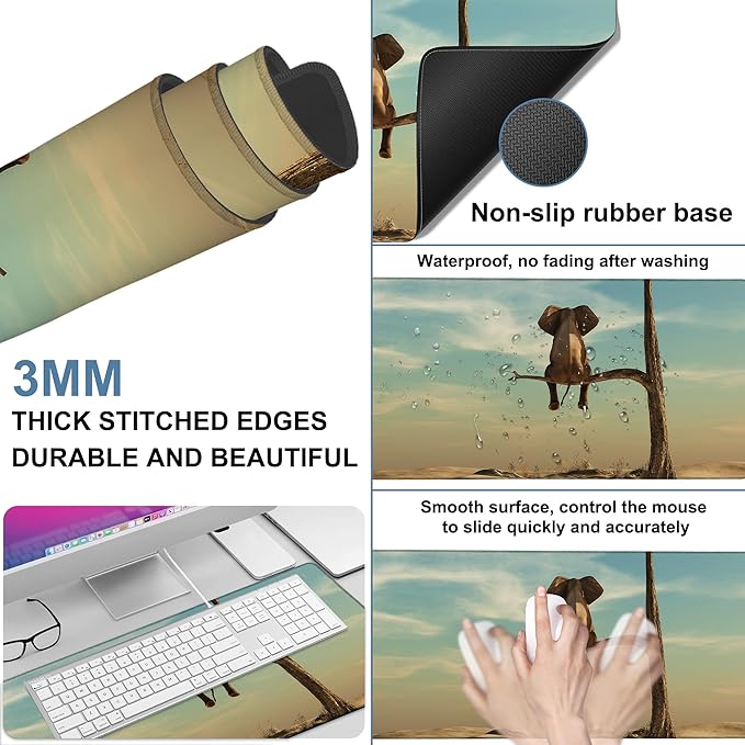 NITAHHHY A Elephant Gaming Mouse Pad 3mm Thick Stitched Edge Waterproof Non-Slip Large Computer Keyboard Mouse Mat,Suitable for Office Entertainment Decorative Desk Pad 35.4 x 15.7 Inches