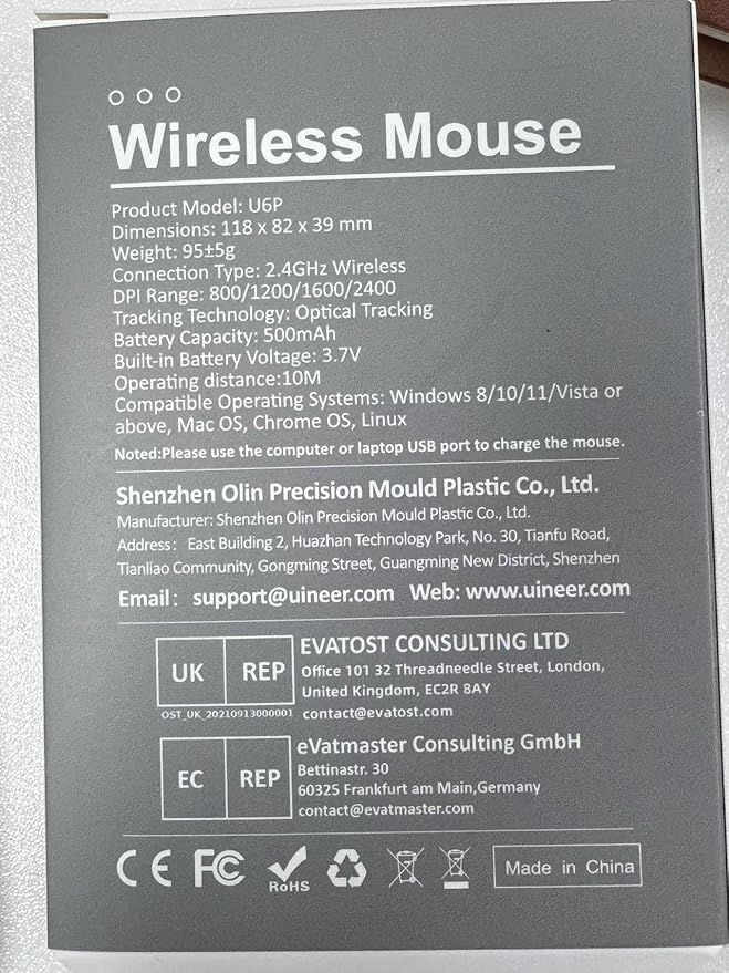 Uineer Wireless Mouse, [Upgraded] Visible Battery Display，Rechargeable Laptop Mice 2.4G USB, 4 Adjustable DPI Levels,Optical Ratón Wireless for Laptop PC Computer,White and Blue