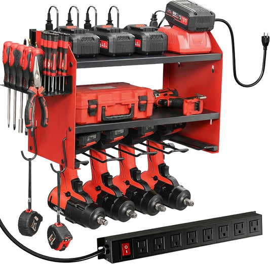 Power Tool Organizer - Heavy Duty Wall Mount with Charging Station & 4 Drill Holders | Red