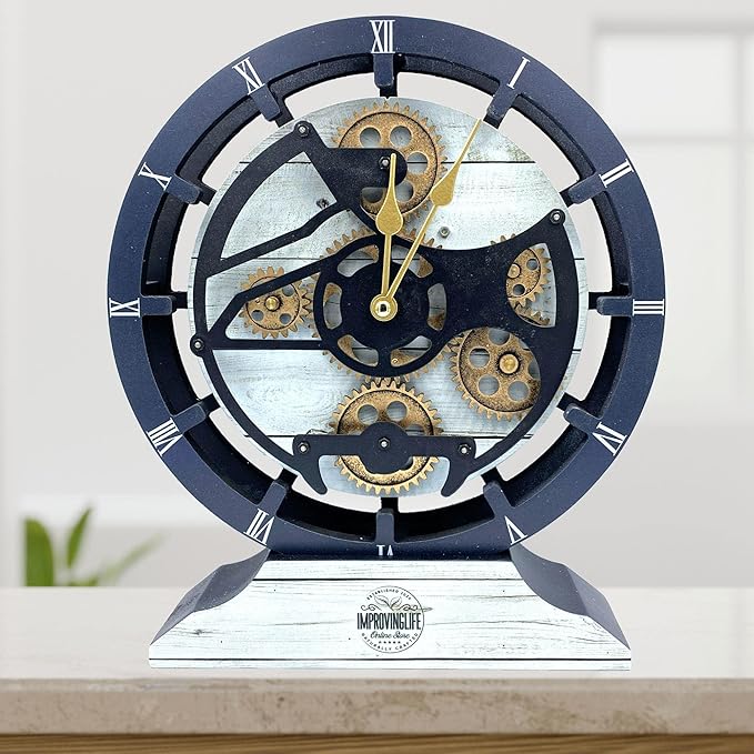 ImprovingLife The Gears Clock Desk Clock 10 inches with Real Moving Gears Convertible into Wall Clock (White Farmhouse)