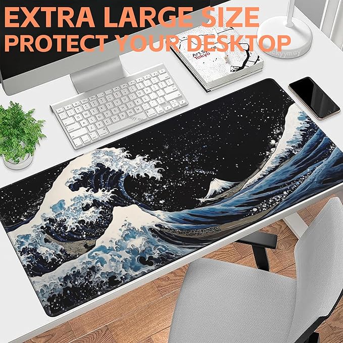 NIYLYNSYN Mouse Pad Large Wave in The Night Sky Non-Slip Game Desk Mat with Stitched Edge Laptop Keyboard Desk Pad for Work Home Gaming (35.4 x 15.7 Inches)