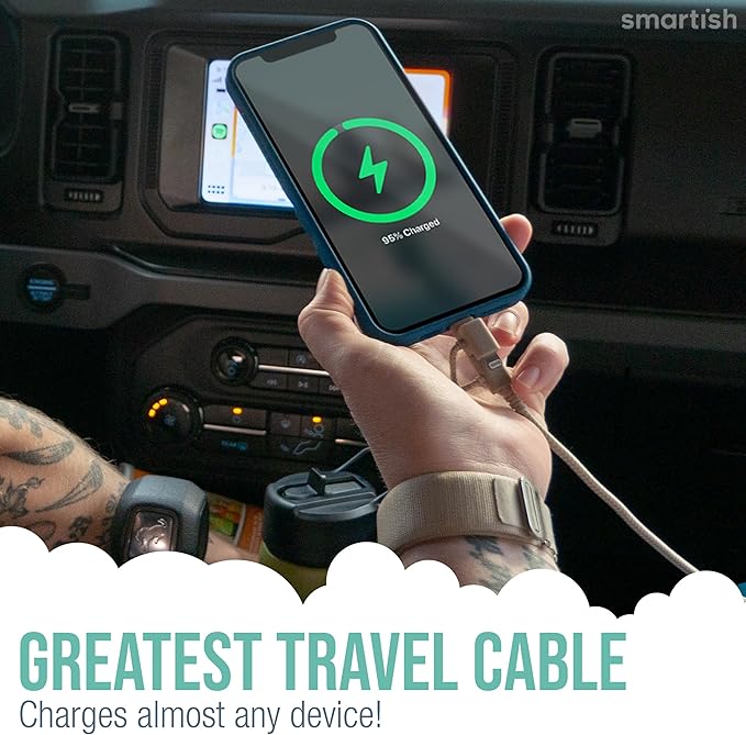 Smartish USB-C/Lightning Cable 17/16/15/14/13/12 - Crown Joule - 6 Foot Universal Fast Fabric Wrapped Charging Cable w/Micro-USB - MFi Certified 13/12/SE/iPad/AirPods/Android - Tan