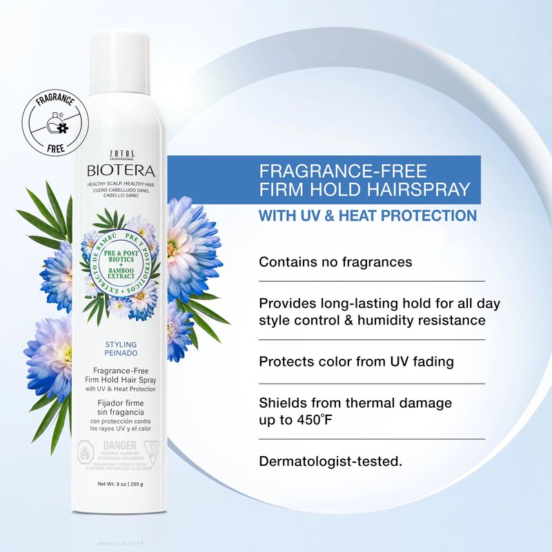 Biotera Firm Hold Hairspray - Fragrance-Free Styling Spray with UV & Heat Protection, Provides Long-Lasting Hold with No Flaking, Adds Shine, Sulfate-Free, Color-Safe, Vegan, 50 VOC, 9 Fl Oz