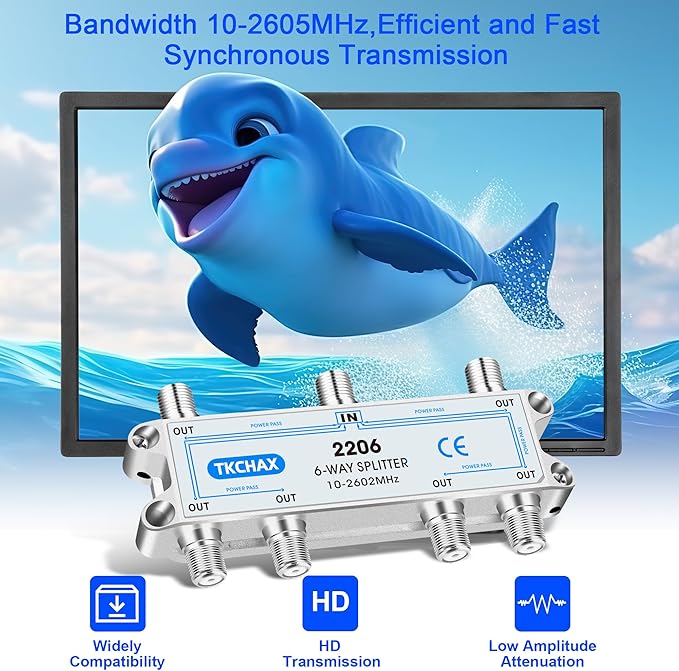 TKCHAX 6 Way Coaxial Cable Splitter,Support 10-2602MHz,RG6 RG59 Coax Compatible,Work with MoCA2.5 and MoCA3.0, CATV, Satellite TV, Antenna, HDTV and High Speed Internet