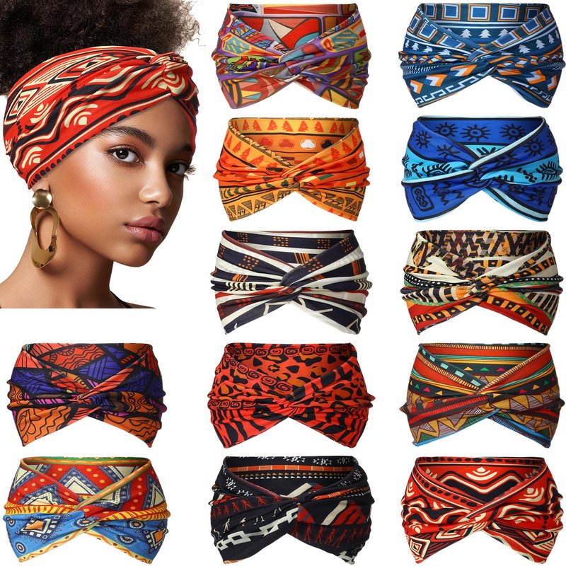 XunYee 12 Pcs Juneteenth Headbands African Boho Print Headbands for Women Yoga Twisted Knot Headwraps - Assorted Wide Elastic Bandeau Hair Accessories for Girls, Running, Sports