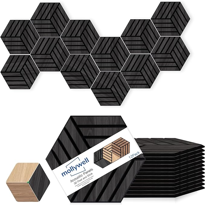 Mollywell Acoustic Panels, PVC Wood-Grain, 14x12 Inch Hexagon Carved Sound Proof Wall Tiles, Self-Adhesive High Density Felt for Home Theater/Studio/Office Echo Reduction, 12 Pack Black Oak, TH4