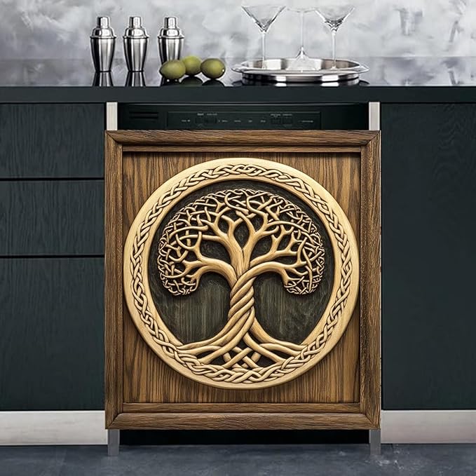 Wood Tree of Life Dishwasher Front Door Cover Vinyl Magnetic Sticker, Retro Wood Door Fridge Magnet Panel Decal, Tree of Life Dishwasher Magnet Skin Cover - 23x26 in (Magnet)