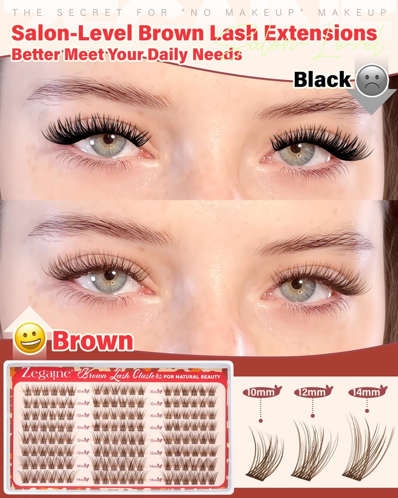 Short Brown Lash Clusters 10-12-14MM Clear Band Wispy Eyelash Clusters Natural Cluster Eyelash Extensions D-Curly Short Lashes Clusters Brown Wispy Cluster Lashes Natural Look 144Pcs by Zegaine