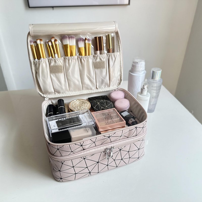 MKPCW makeup bag large Double-layer cosmetic bag with brush bag and divider (Pink+ three dividers)