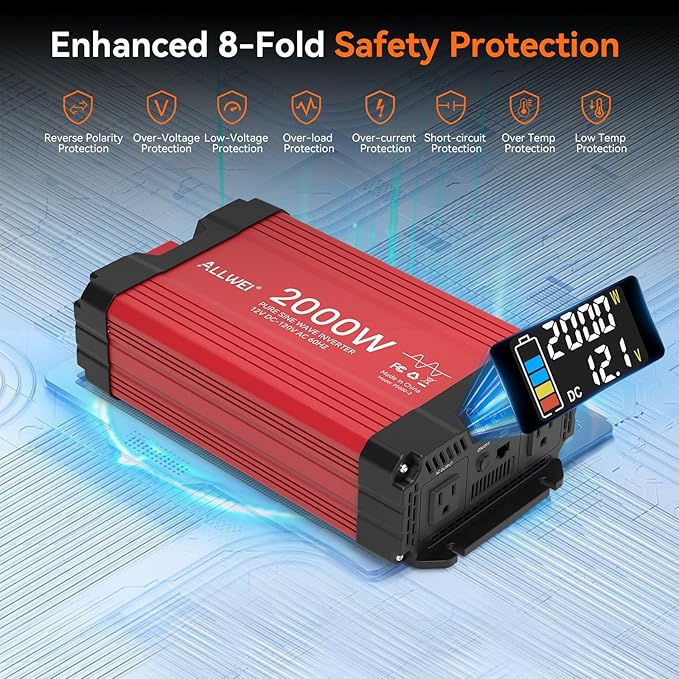 ALLWEI 2000W Pure Sine Wave Inverter 12V DC to 120V AC Converter, Surge 4000W, 20A Sockets, Hardwire Port, Power Inverters for Vehicles, RV Truck Home Solar & Off-Grid Inverter, Remote Controller