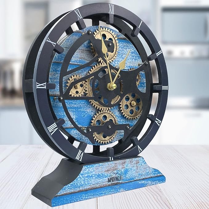 ImprovingLife The Gears Clock Desk Clock 10 inches with Real Moving Gears Convertible into Wall Clock (Ocean Blue)