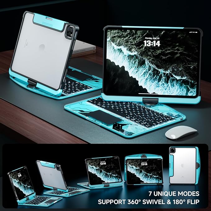 Transparent Case with Keyboard iPad Air 11 Inch (M4/M3/M2, 2026/2025/2024)/ iPad Air 5th/4th Generation 10.9" / iPad Pro 11" 1st/2nd/3rd/4th Trackpad, Pencil Holder, 7-Color Backlit, Rotatable, blue