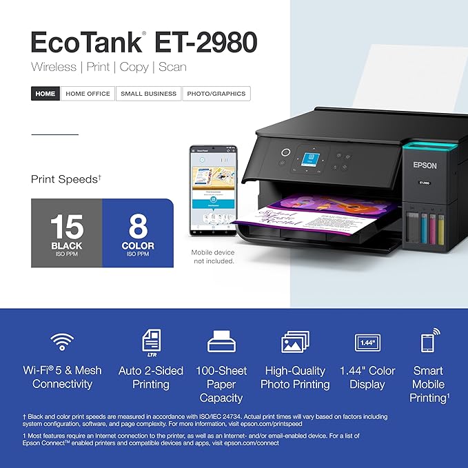 Epson EcoTank ET-2980 Wireless All-in-One Color Supertank Printer with Refillable Ink Tanks, 3 Years of Ink, Mobile Printing, 15 ISO PPM, Color Touchscreen, Auto 2-Sided, Black