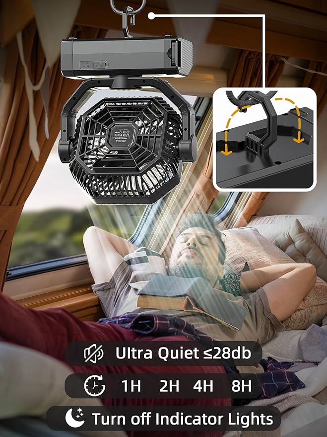 Portable Rechargeable Fan - 9-Inch Camping Fan for Tent, 24000mAh(60Hrs) Battery Operated Fan for Camping, Auto Oscillation Cordless Fans, Tent Fans with Remote/Light, 4 Speeds, 4 Timing, Outdoor