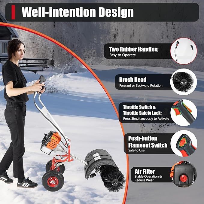 52CC Walk Behind Power Sweeper Broom, 2 Stroke 2.5HP Snow Sweeper with 20-Inch Brush, Single Cylinder Air Cooling Fuel Engine Snowplow Broom, Outdoor Lawn Sweeper Cleaner Tools