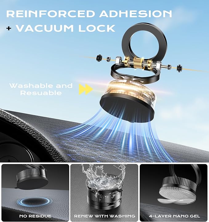 Onechiprevo Latest Upgraded Suction Cup Phone Mount Nano Gel 360°Phone Stand Vacuum Magnetic Car Phone Holder for MagSafe Car Mount 110 LBS Car Accessories for iPhone 16/15/14/13/12 / Android