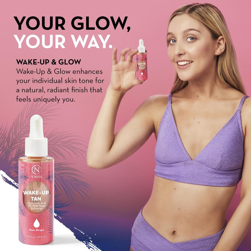 Norvell Wake-Up Tan Dew Drops, 1 oz Luminizing Glow Drops for Face & Body, Mix with Makeup or Moisturizer, Fragrance-Free Cosmetic Illuminator