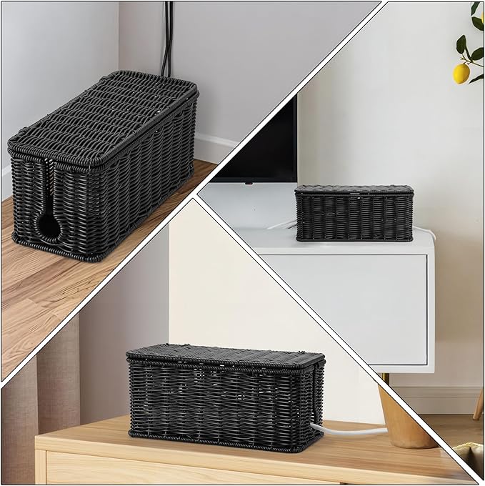 ZhiYo Rattan Cable Management Box, Black Cord Organizer, 12.5" x 5" x 5.2"