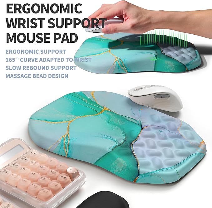 Gleamtide 2-in-1 Ergonomic Set, Wave Keyboard Wrist Rest and Massage Slope Mouse Pad Wrist Support, Rebound Memory Foam for Relieve Carpal Tunnel Syndrome and Wrist Pain (Green Gold Marble)