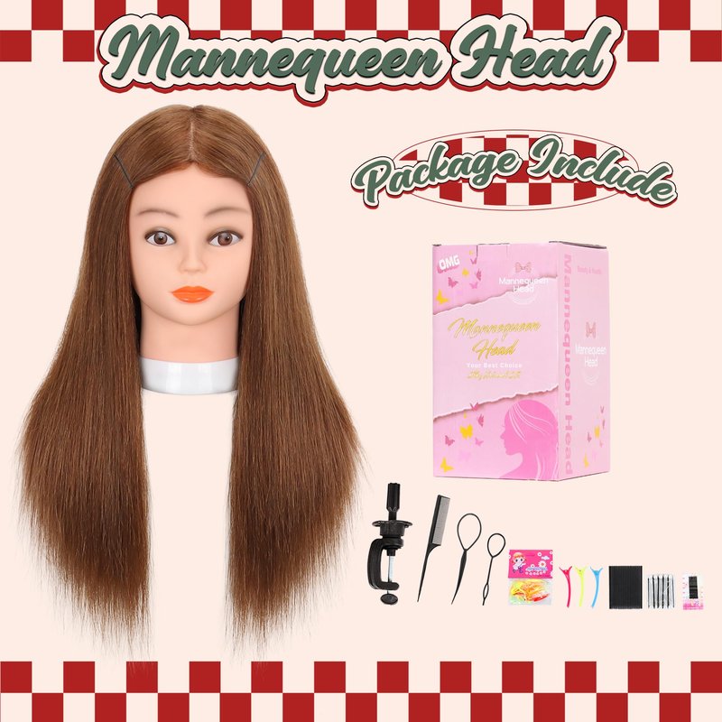 Mannequin Head Human Hair 22-24" Cosmetology Manikin Head with 100% Real Human Hair for Hairdresser Practice with Free Clamp Holder and Tools (Dark Brown)