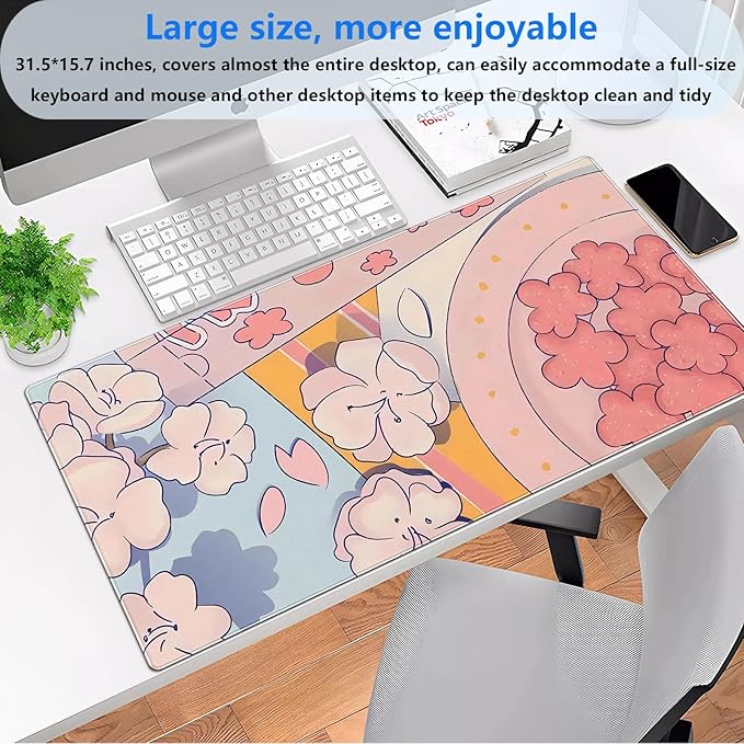 Pink Sakura Desk Mat, Kawaii Floral XXL Large Gaming Mouse Pad