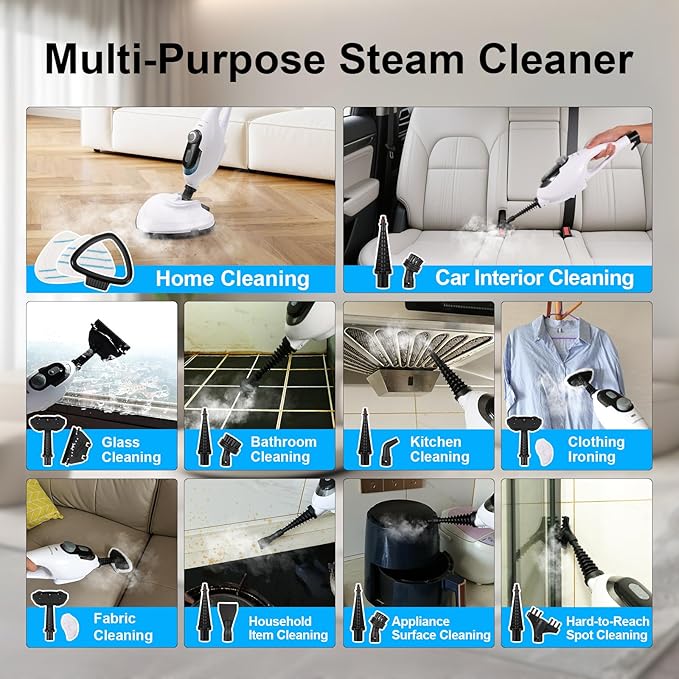 11-in-1 Steam Mop, 1550W Powerful Handheld Steam Cleaner, 260Â°F Multi-Functional Floor Steamer with 21.3FT Cord for Floors, Hardwood, Tiles, Grout, Windows, Kitchen, Bath, Adjustable (White)