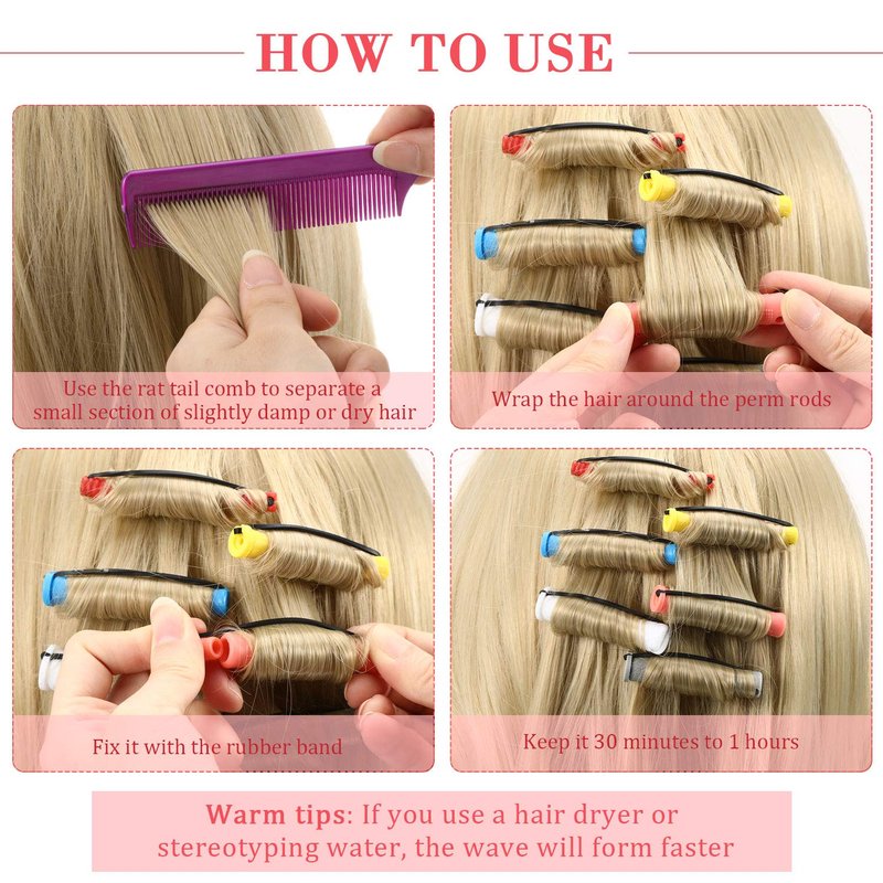 WILLBOND 72 Pieces Hair Perm Rods Set, Short Plastic Perming Rods Cold Wave Rods 6 Sizes Hair Curling Rollers with 1 Piece Steel Pintail Hair Comb for Hairdressing Hair Styling