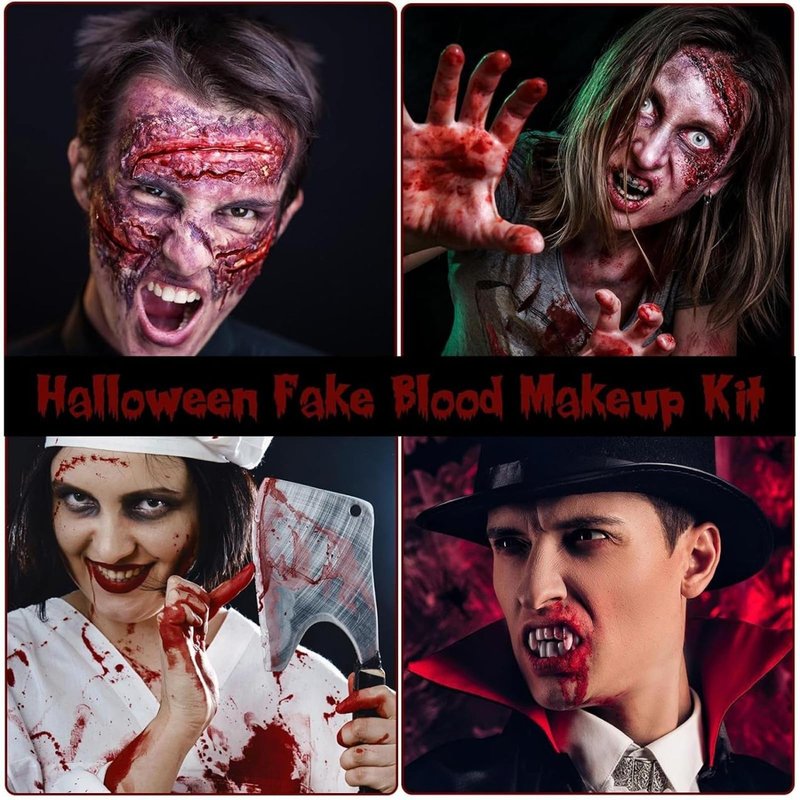 7 PCS Halloween Fake Blood Makeup Kit 3 Size Vampire Teeth Fangs Fresh Red Fake Blood Spray Realistic Coagulated Blood for Party Monster Zombie Cosplay