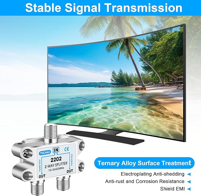 TKCHAX 2 Way Coaxial Cable Splitter,Support 10-2602MHz,RG6 RG59 Compatible,Work with MoCA2.5 and MoCA3.0,CATV, Satellite TV,Antenna,HDTV and Internet