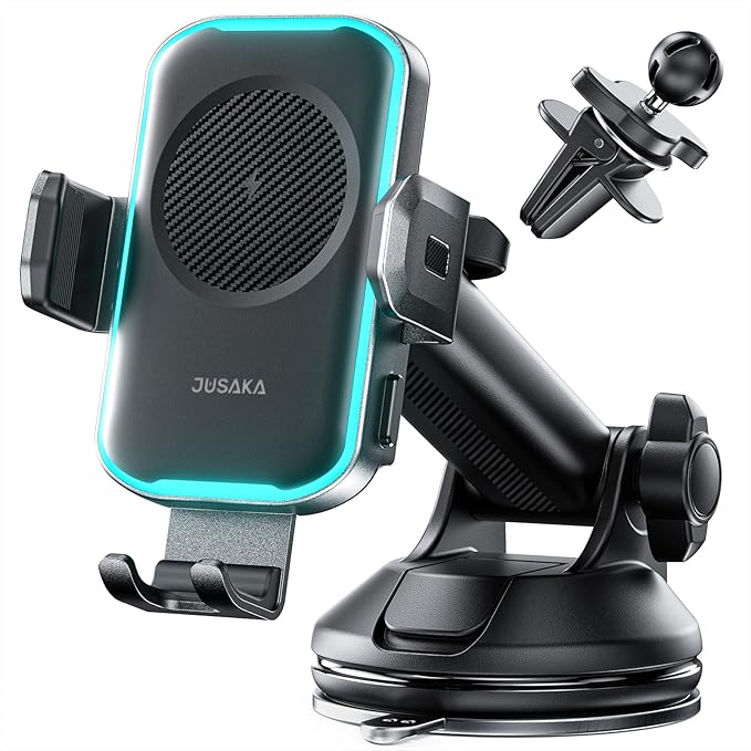 JUSAKA Wireless Car Charger,15W Fast Charging Auto Clamping Phone Holders for Your Car Compatible with iPhone 16/15/14/13, for Samsung Galaxy S24 Ultra S23 S22 S21, S20, S10+ (Black)