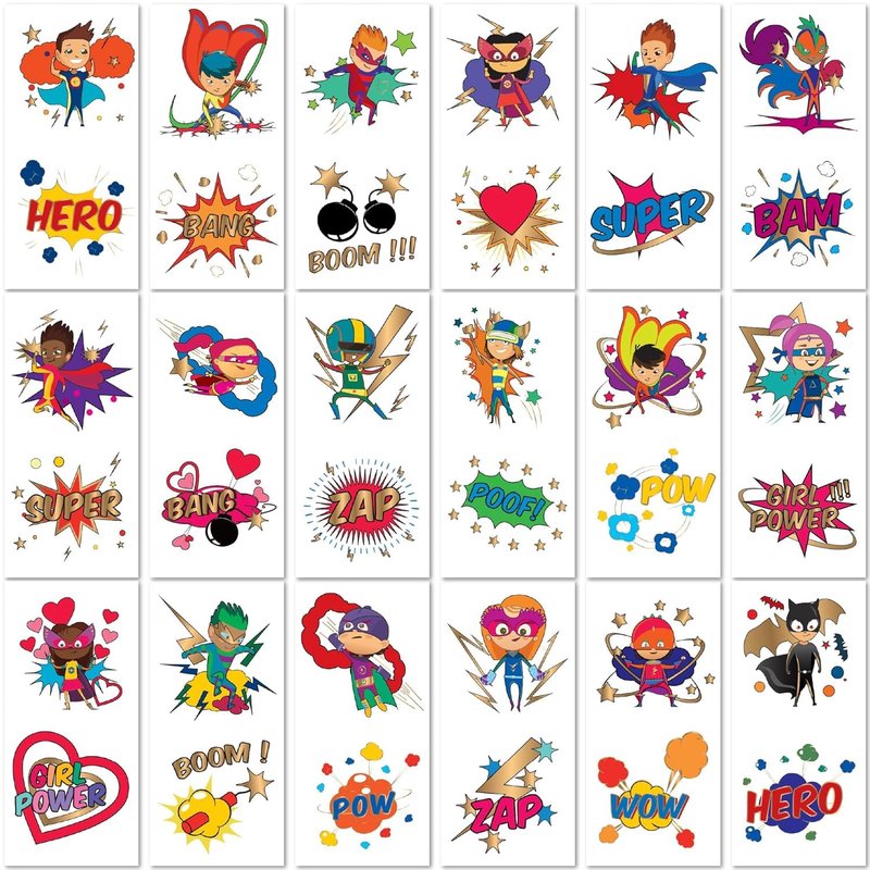 PapaKit 36 Pc Superhero Temporary Tattoo Set - 18 Individually Wrapped Sheets | Birthday Party Favors, Classroom Rewards, Goodie Bag Fillers