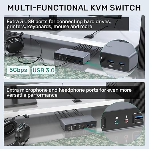 SUIDEK HDMI KVM Switch 2 Monitors 2 Computers - 4K@60Hz Aluminum with 3 USB 3.0 Ports Audio & Microphone Ports Share Dual Monitors Keyboard Mouse Printer - 2 USB Cable Controller Adapter
