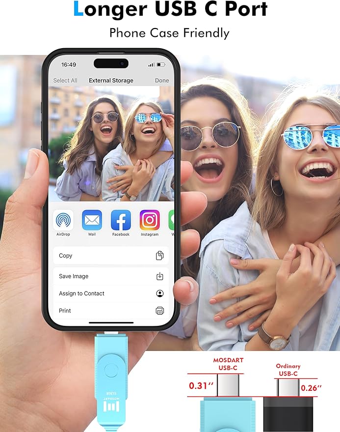 MOSDART 512GB USB C 3.2 Fast Speed C and A Dual Flash Drive, exFAT Memory Stick with Keychain and LED Indicator, for iPhone 15,16,17, Android Phone, iPad, MacBook, and Other Laptops, Sky Blue