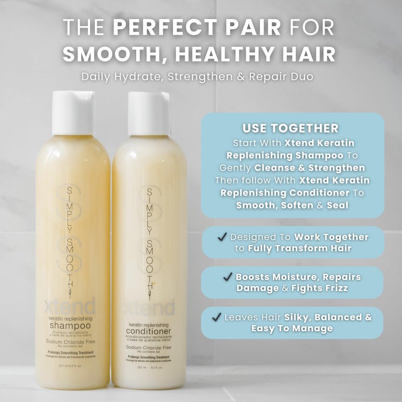 SIMPLY SMOOTH Xtend Keratin Replenishing Shampoo | Sulfate-Free Smoothing & Softening Cleanser | Restore & Strengthen Damaged Hair | Color Safe, pH Balanced, Salon Formula | 8.5 oz