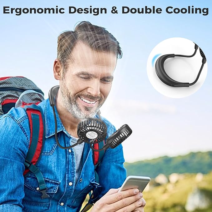 Portable Neck Fan, 5000mAh Rechargeable Battery Powered, 3 Speeds, 360°Adjustable, Double Cooling, Hands-Free Personal Wearable USB Neckband Fan for Home Office Outdoor Travel Sports