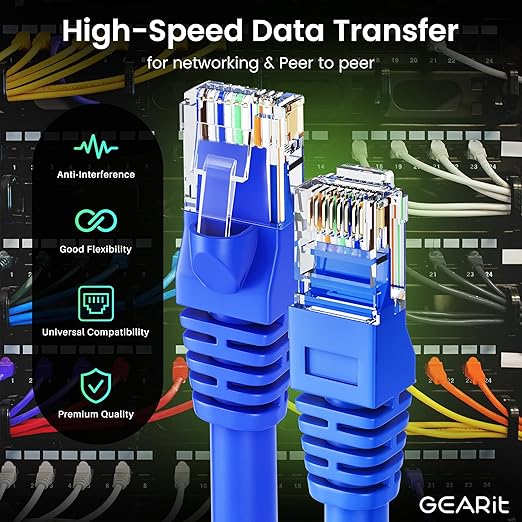 GEARit Cat 6 Ethernet Patch Cable 30 ft Blue (5 Pack) - Cat6 Patch Cables 30ft Blue/Ethernet Patch Cable, 10Gbps 550MHz 24AWG Pure Copper, Snagless, Gold Plated RJ45 for Router, Server, Router, PC