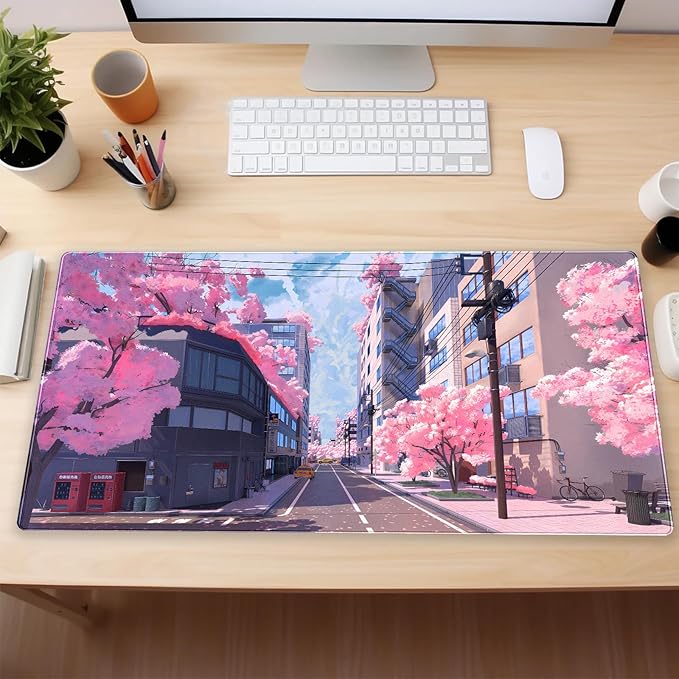 Cindasun Japanese Cherry Blossom Mouse Pad, Pink Cute Desk Mat Extended XL Large Full Desk Gaming Mousepad 31.5''X15.7'' Computer Laptop Desk Pad Keyboard and Mouse Mat for Office Desktop Decoration