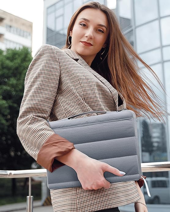 Grey Puffy Laptop Sleeve 14-Inch Fluffy Protective Sleeve for MacBook Pro/Air 14, Dell XPS, HP, for Travel & College