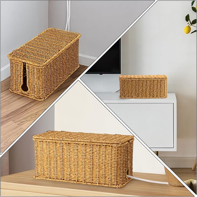 ZhiYo Rattan Cable Management Box, Cord Organizer, Nature, 13.5"x6.2"x6"