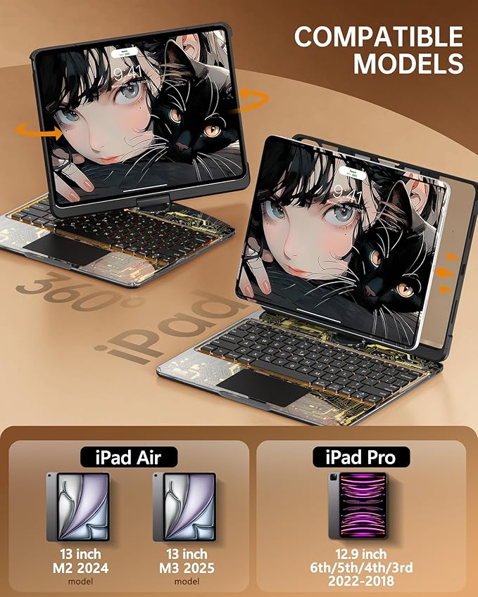 Intermerge Transparent Case with Keyboard for iPad Air 13"(M4/ M3/ M2, 2026/2025/ 2024) & Pro 12.9" (2022-2018) - 360° Swivel Multi-Touch Trackpad, 7-Color Backlit, Pencil Holder, Shadow Pulse